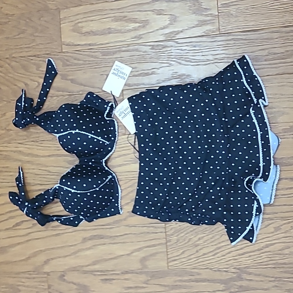 Unique Vintage Black & White Pin Print Totally Tied Up Top & Alice Swim Skirt L - Picture 4 of 11